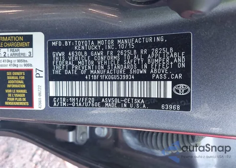 2016 Toyota Camry Se from USA, damaged, VIN 4T1BF1FK0GU539934